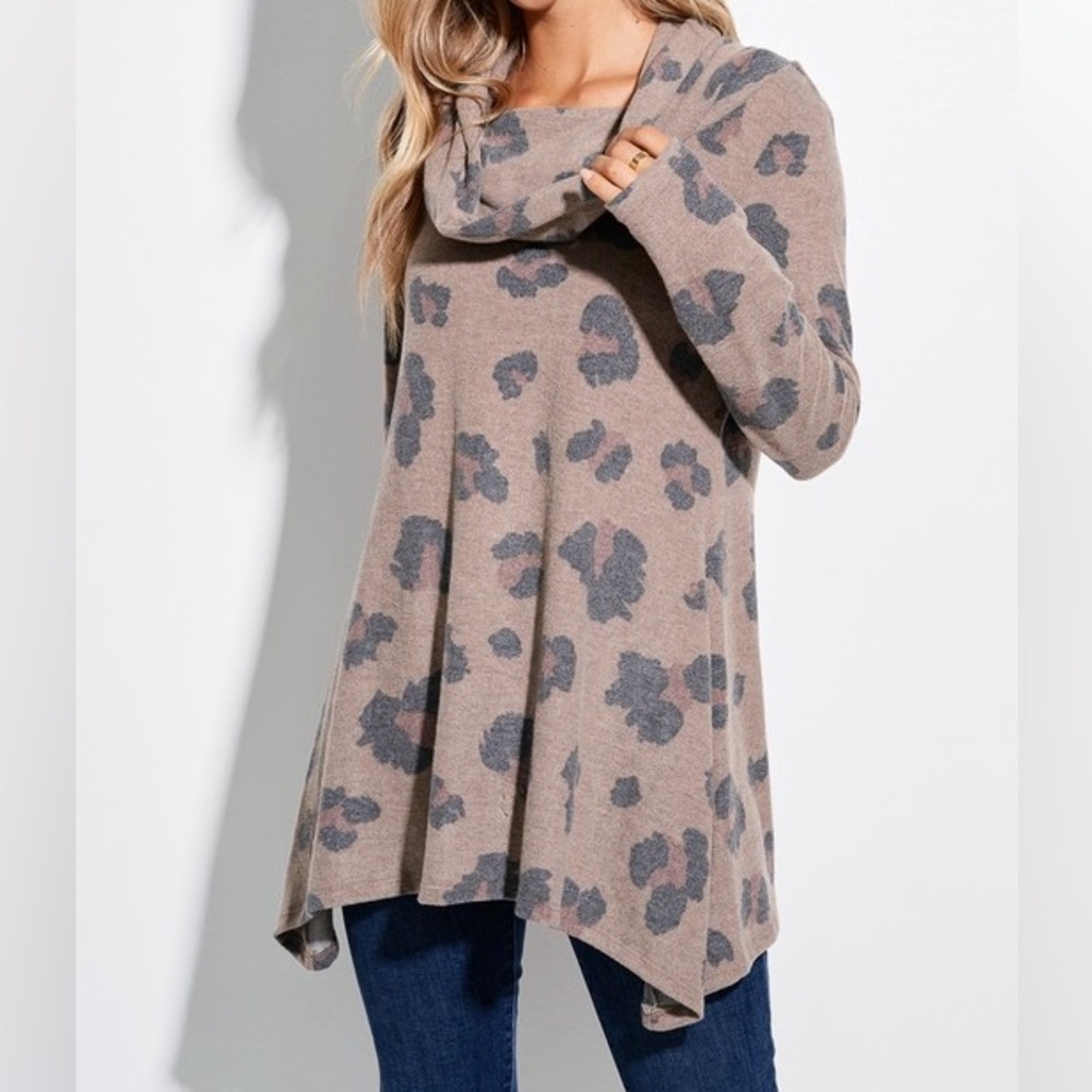 Mocha Leopard Cowl Long Sleeve Top